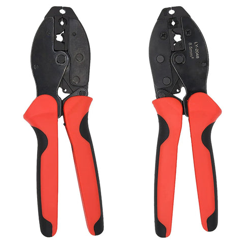 Beefy Pro Grade Spark Plug Wire Crimp Tool With Ratchet Pliers, red and black handles, shown in open and closed positions.