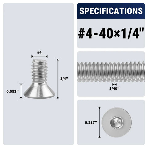 Heavy Duty 4-40 By 1/4 Inch Flat Socket Head Screws Featuring Countersunk Allen Heads, showing dimensions and stainless steel finish.