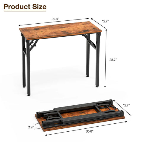 Compact Folding Computer Desk 35.8 Inch No Assembly Required Ready To Use Perfect For Small Spaces In Bedroom Dorm Or Apartment Portable Mini Study Table With Space Saving Design Brown, folded and open view with dimensions.