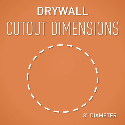 Drywall cutout dimensions for In Wall TV Power Outlet Kit, circular shape with 3-inch diameter on orange background.