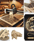 Front view of laser cutter engraving a basswood sheet (18x24x1/8 in) from a 12-pack of unfinished boards for crafts