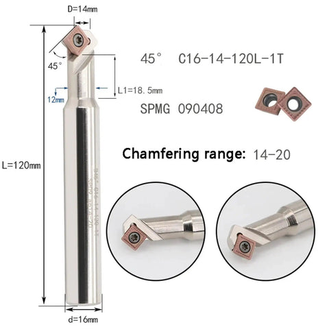 Top Shelf 45 Degree Chamfering Tool Tfd45 Scmt09 Carbide Insert For Cnc Lathe and Milling Gear, 120mm length, 14mm diameter