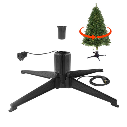 Christmas tree stand with electric socket and attached cord for lighting, shown with artificial tree in place, 3-prong design