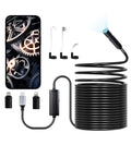 Endoscope Camera With 49.2ft Semi-Rigid Cable For Android And iOS, 8 LED, showing camera adapters and coiled cable