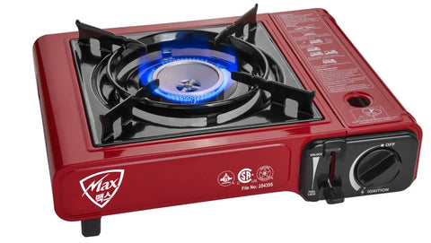MS-2500 Portable Butane Stove For Camping And Outdoor Cookouts, 8,000 BTU High-Heat Burner, Piezo Ignition, Safety Lock, Red