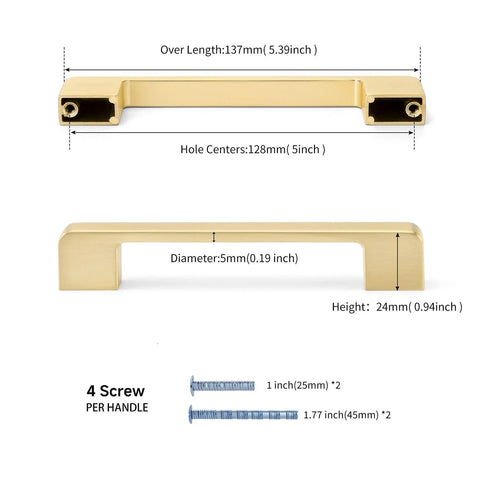 5 Inch Brushed Gold Cabinet Pulls Set Of 10 Zinc Alloy Handles dimensions and screws display