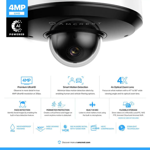 ProHD 4MP PTZ Outdoor Security Camera With 4X Optical Zoom IP66 Vandal Proof Dome PoE Night Vision To 65ft image highlighting features.