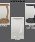 Color chart showing C Shaped End Table On Wheels For Small Spaces in natural, white, and black faux marble finishes.