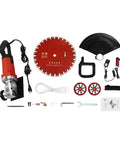 Heavy Duty Electric Concrete Saw With Four Thousand Watt Motor And Industrial Diamond Blade For Cutting Granite Porcelain Wood And Masonry Job Site Ready Built Tough As Nails with accessories laid out.