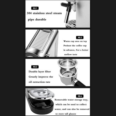 Features of the Straight Up Premium 20 Bar Semi Automatic Espresso Machine including steam pipe and warm cup area.