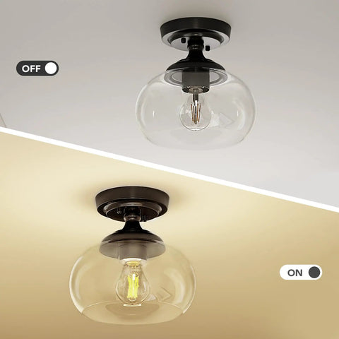 Industrial Semi Flush Mount Ceiling Light With Clear Glass Shade And Matte Black Finish shown on and off, E26 Base Compatible