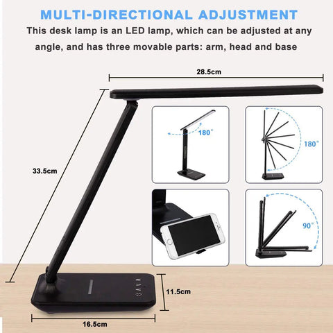 All In One LED Desk Lamp With Wireless Charger features adjustable arm, 28.5cm wide head for home or office use.