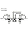 Diagram of Matte Black 3 Hole Deck Mount Tub Faucet Set With Two Handles High Flow Brass Bath Filler Valve dimensions in inches and mm