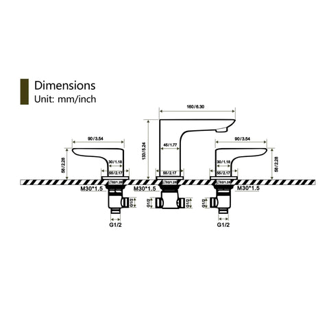 Diagram of Matte Black 3 Hole Deck Mount Tub Faucet Set With Two Handles High Flow Brass Bath Filler Valve dimensions in inches and mm