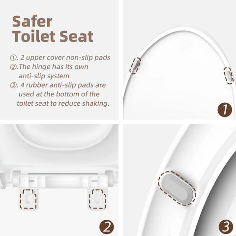 Round Toilet Seat No Wobble With Slow Close And Quick Release Hinges Heavy Duty Soft Close Lid details showing anti-slip pads