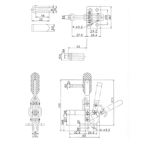 Technical drawing of a Welding Toggle Clamp Built Tough For Heavy Duty Woodworking Jigs And Fixtures with dimensions.