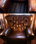 Comparison of a leather chair before and after using Leather Refinish And Restore 4 Oz Jar For Furniture Leather Repair And Color Renewal.