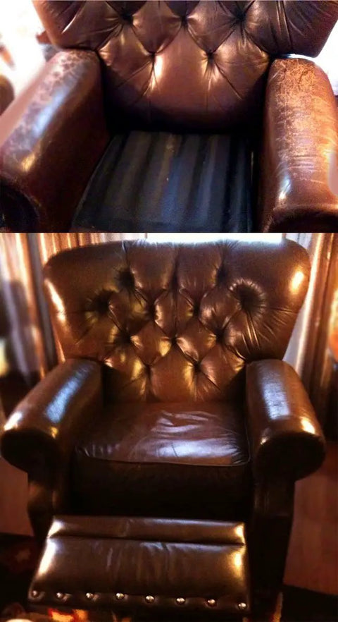 Comparison of a leather chair before and after using Leather Refinish And Restore 4 Oz Jar For Furniture Leather Repair And Color Renewal.