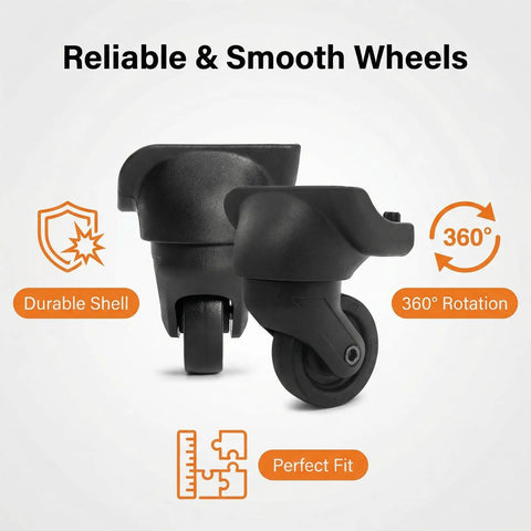Heavy Duty Silent Replacement Wheels For Suitcase 360 Smooth Glide Spinner Kit showing durable black wheels with 360° rotation.