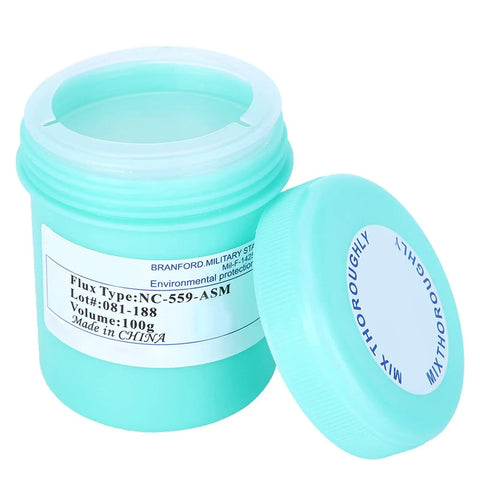 Open container of Pro Grade No Clean Flux Paste For PCB Rework And Soldering, 28 Micron Tin Cream For BGA And SMD Wetting, 100g