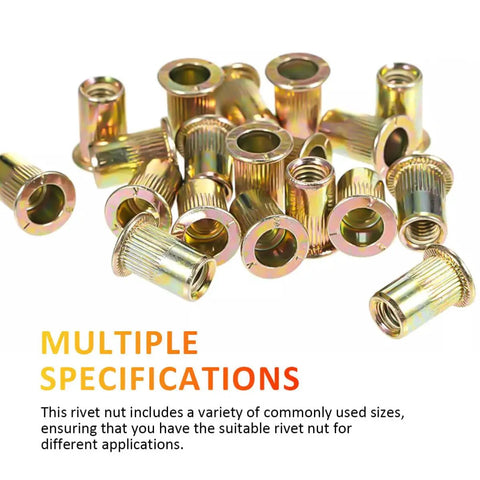 Galvanized Rivet Nut Kit Set Must Have 500 Piece Assortment With M3 M4 M5 M6 M8 M10 Threaded Inserts in various sizes.