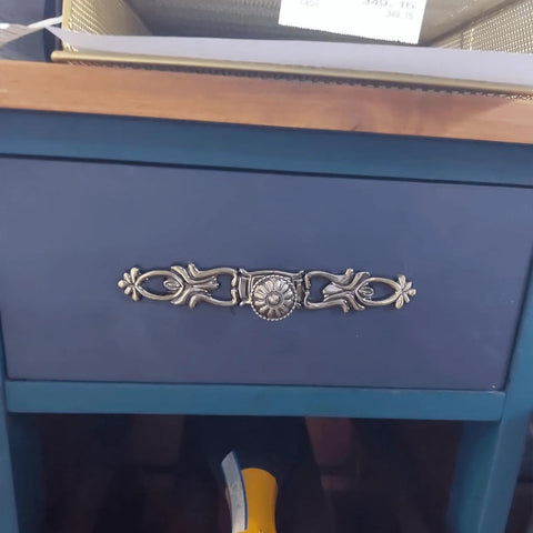 Antique bronze vintage style cabinet knob on a blue drawer, rust resistant durable zinc alloy hardware with screws, 5.98 x 0.94 x 0.87 inches