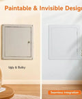 Rock Solid 12 Inch Abs Plastic Hinged Access Panel Waterproof Wall Cover Door for Bathrooms And Kitchens shown in paintable designs.
