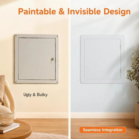 Rock Solid 12 Inch Abs Plastic Hinged Access Panel Waterproof Wall Cover Door for Bathrooms And Kitchens shown in paintable designs.