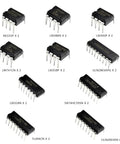 Ten types of ICs included in Resistor Kit With Six Hundred Pieces Of One Quarter Watt Five Percent Carbon Film Resistors From One Ohm To One Megohm Plus A Ten Value IC Kit Including LM358P NE555P LM393P LM741CN LM386N LM324N SN74HC595N TL494CN ULN2003AN ULN2803APG.