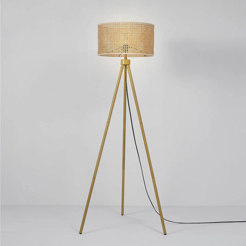 60 Inch Floor Lamp With Faux Wood Tripod Base And Rattan Shade On Off Rotary Switch For Easy Control Cottagecore Cozy Vibe