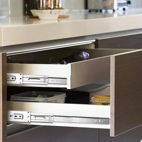 Open kitchen drawer showing Pack Of 10 24 Inch Ball Bearing Full Extension Drawer Slides Zinc 100 Lb Capacity Quiet Smooth Glide Heavy Duty Rails