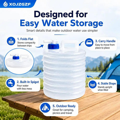 Collapsible Water Container With Spigot For Camping And Road Trips on wooden table, foldable design with spout visible