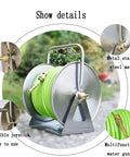 Heavy Duty Stainless Steel Garden Hose Reel Cart With Quick Attach Watering Gun, showing green hose and flexible joystick.
