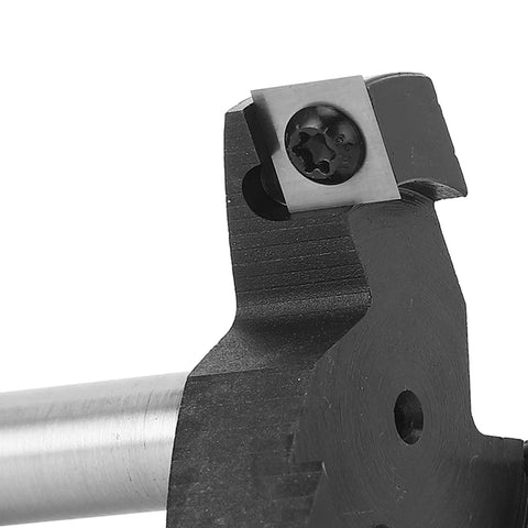 Get This Top Tier High Performance 1/2In Shank Spoilboard Surfacing Router Bit With 3 Sharp Carbide Blades For Effortless CNC Wood Planing And Smooth Surface Prepping close-up showing carbide blade and shank.