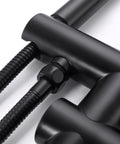 Close-up of Freestanding Tub Filler Faucet Dope Matte Black Floor Mounted With Handheld Shower Brass Mixer Taps Swivel Spout