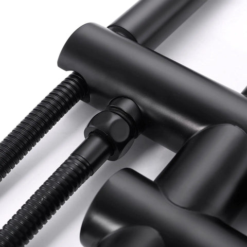 Close-up of Freestanding Tub Filler Faucet Dope Matte Black Floor Mounted With Handheld Shower Brass Mixer Taps Swivel Spout