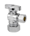 Front view of chrome-plated brass angle stop valve, 1/2 in nominal inlet to 3/8 in compression outlet, 1/4-turn.