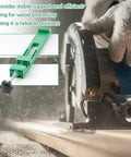 Adjustable Cutting Machine Base Guide with Extended Length Positioning Clamp for Circular Saws in use on wood