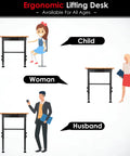 Ergonomic lifting desk with adjustable height for child, woman, and husband, suitable for various ages.