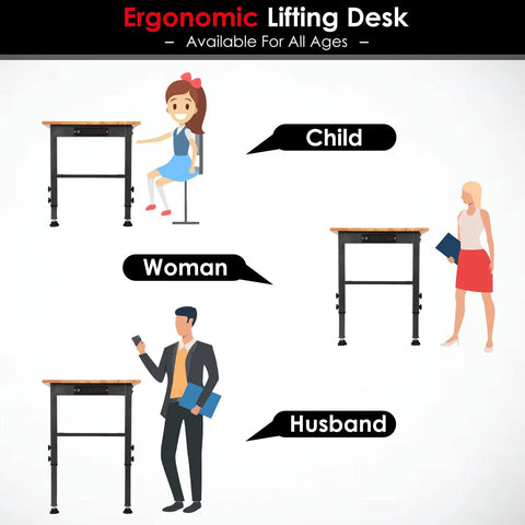Ergonomic lifting desk with adjustable height for child, woman, and husband, suitable for various ages.