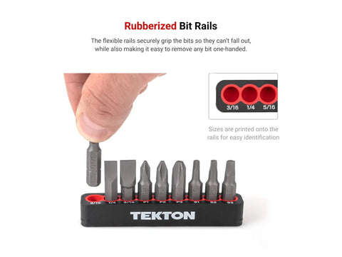 Hand removing a bit from One Quarter Inch Hex Bit Set With Rail, Nine Piece Extra Long 30 mm Bits, S2 Steel, Corrosion Resistant.