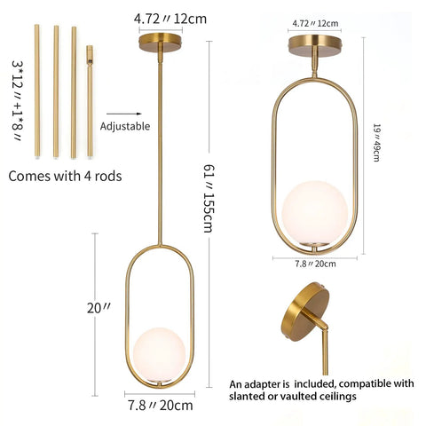 Gold Globe Pendant Light Fixture With Adjustable Hanging Length, Modern Mid Century Chandelier for kitchens and bedrooms