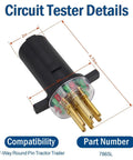 7 Way Round Pin Trailer Truck Circuit Plug Tester Replacement 7865L Left Right Turn Signals Hazard Lights Brake Lights Clearance Tail ABS Workhorse Go To Diagnostic Tool With Winged Handle For Easy Disassembly And Quick Circuit Troubleshooting., black 7-way round pin trailer circuit tester with gold pins and 4.75 in dimensions