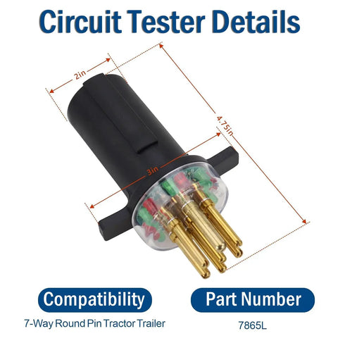 7 Way Round Pin Trailer Truck Circuit Plug Tester Replacement 7865L Left Right Turn Signals Hazard Lights Brake Lights Clearance Tail ABS Workhorse Go To Diagnostic Tool With Winged Handle For Easy Disassembly And Quick Circuit Troubleshooting., black 7-way round pin trailer circuit tester with gold pins and 4.75 in dimensions