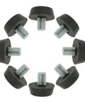 Image of 8 M8 X 1.25 furniture leveling feet adjustable glide levelers arranged in a circle for tables, desks, and cabinets.