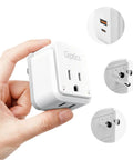 Hand holding On The Go Multi Region Travel Power Adapter Kit With 2 US Outlets, USB-A and USB-C Fast Charge, detail views