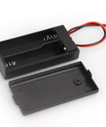 Six Pack Heavy Duty Dual Alkaline Aa Battery Boxes With Secure Toggle Switch And Flexible Wire Leads showing an open battery box with red and black leads.