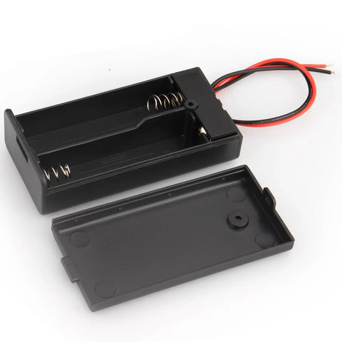 Six Pack Heavy Duty Dual Alkaline Aa Battery Boxes With Secure Toggle Switch And Flexible Wire Leads showing an open battery box with red and black leads.