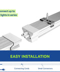 LED Shop Light 2Ft 20W V-Shaped Linkable Ceiling Fixture 2500lm 5000K shown with connecting feature and installation diagram