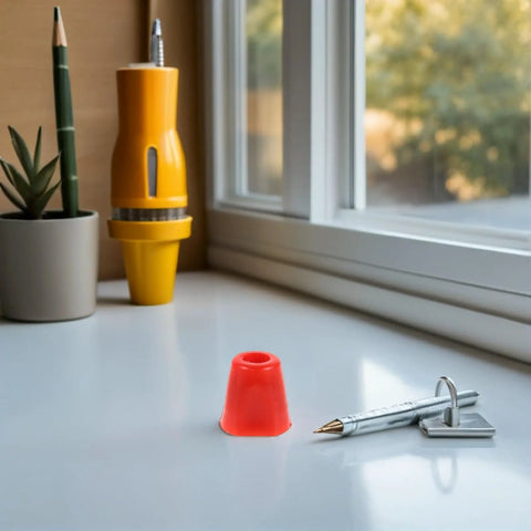 Red rubber cap and metal pen with key beside window, not related to Stainless Steel Fencing Nut Replacement Kit With On The Go Accessory Mounts And Handle Nuts For Easy Installation Maintenance And Training Durable Fencing Spare Parts Set On The Move